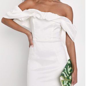 Fanciful Feat White Taffeta Off-the-Shoulder Bodycon Mini Dress